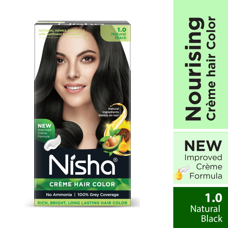 Nisha Creme Hair Color for Women - Natural Black, 60g+60ml, Long-lasting, 100% Grey Coverage Permanent Hair Colour for Soft, Shiny, Healthy Hair
